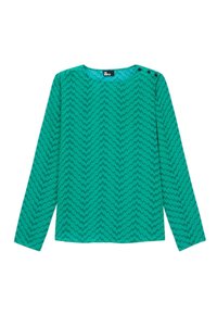 Green long-sleeve blouse featuring a zigzag pattern, round neckline, and three shoulder buttons. Smooth fabric with a lightweight texture.