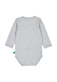 Body a maniche lunghe grigio realizzato in morbido cotone con una texture liscia, dotato di scollatura rotonda e chiusure a scatto nella parte inferiore.