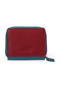 Roter und türkisfarbener Leder-Geldbeutel mit Reißverschluss, rechteckiger Form und geprägtem "VENEZI"-Logo. Verfügt über kontrastierende Nähte und einen kleinen Reißverschlussanhänger.