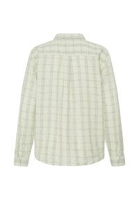 Chemise à manches longues vert clair avec de fines lignes à carreaux grises, poignets boutonnés et un détail de yoke dans le dos.