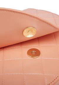 Borsa a tracolla in pelle trapuntata color pesca con interno che presenta una chiusura a scatto dorata, con cuciture visibili e texture liscia.