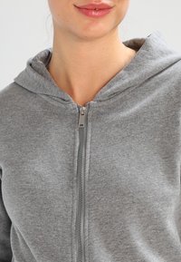 Felpa grigia con zip, dal tessuto morbido, dotata di cappuccio e zip argentata, con un focus sulla zona del collo e sul tessuto liscio.
