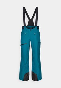 Teal ski pants with adjustable black suspenders, zippered pockets, reinforced black cuffs, and a straight leg design.