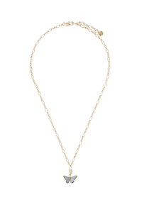 Zlatna lančana ogrlica s izdužnim dizajnom karika i plavim privjeskom leptira s detaljno oblikovanim krilima. Uključeno zatvaranje.