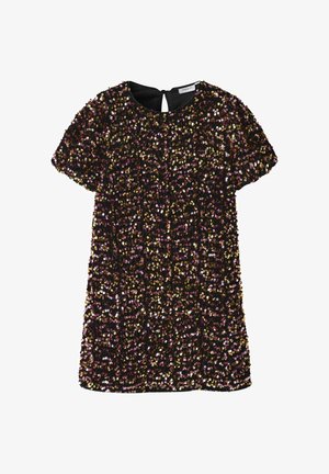 Crna haljina ukrašena šarenim uzorkom od šljokica. Kratki rukavi, okrugli izrez i mali otvor na leđima. Glatka tekstura.