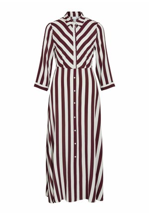 Pikk kleit, millel on vertikaalsed kastanipruunid ja valged triibud, nööpidega ees, krae ja kolmveerandsleeved. Sile kangas ning keha lähedalt istuv bodice.