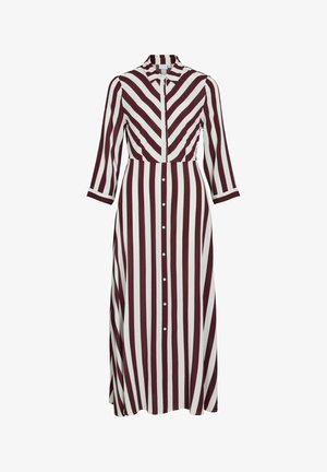 Abito lungo caratterizzato da strisce verticali bordeaux e bianche, con apertura a bottoni frontale, colletto e maniche a tre quarti. Tessuto morbido con un corpetto aderente.