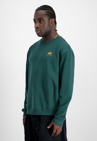 Felpa verde in misto cotone con polsini e fondo a costine, presenta un piccolo logo giallo sul petto. Fit rilassato, design a girocollo.