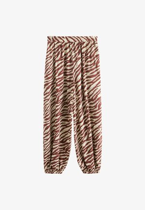 Luźne spodnie z elastycznym pasem i ściągaczami, z brązowo-beżowym wzorem w paski zebry.