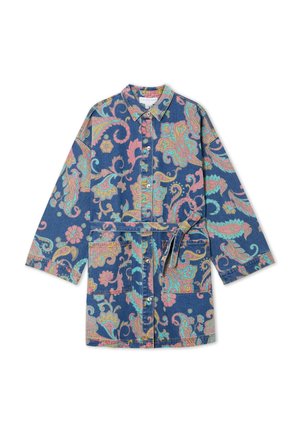 Τζιν μπουφάν με μακριά μανίκια και πολύχρωμο φλοράλ σχέδιο πεϊσλί σε αποχρώσεις ροζ, τιρκουάζ και κίτρινο, με κουμπιά μπροστά, δύο τσέπες και ζώνη που ταιριάζει στη μέση.