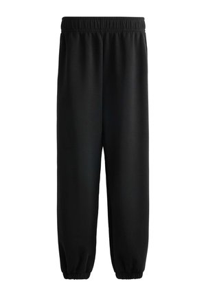 Pantaloni de trening negri, confecționați dintr-un material neted, având o talie elastică și mansete, cu un design conic și fără modele sau accente vizibile.