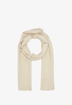Beige Schal aus weichem Stoff, mit einem karierten Muster und metallischen Akzenten sowie fransigen Rändern. Entwickelt, um gewickelt oder drapiert zu werden.