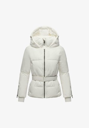 Valge puffjakker, millel on pingutatud vöö, suur kapuuts, lukuga sulgemine, küljetaskud ja polsterdatud tikandid. Rõhuasetuseks on lukuga varrukad.