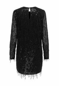 Melnas pērļu kleitas ar garām piedurknēm, caurspīdīgu audumu, vertikālu frīzu un atslēgas formas atvēruma aizmugurē. Akcentēta ar sequins tekstūras piešķiršanai.