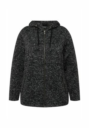 Schwarze und graue Zip-Hoodie mit einem strukturierten Strickmuster, verstellbarem Kordelzug und Seitentaschen. Lässige Passform und lange Ärmel.