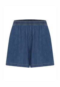 Kokvilnas šorti ar elastīgu jostasvietu, kas piedāvā brīvu piegriezumu un gludu tekstūru. Krāsa ir vidēja zilā tonī ar kontrastējošiem dūrieniem.