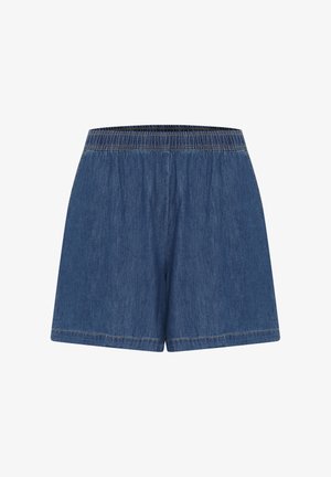 Kokvilnas šorti ar elastīgu jostasvietu, kas piedāvā brīvu piegriezumu un gludu tekstūru. Krāsa ir vidēja zilā tonī ar kontrastējošiem dūrieniem.