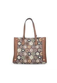 Taske i stof med mønster og brune læderdetaljer. Sekskantet design i jordfarver med blomster- og geometriske motiver.