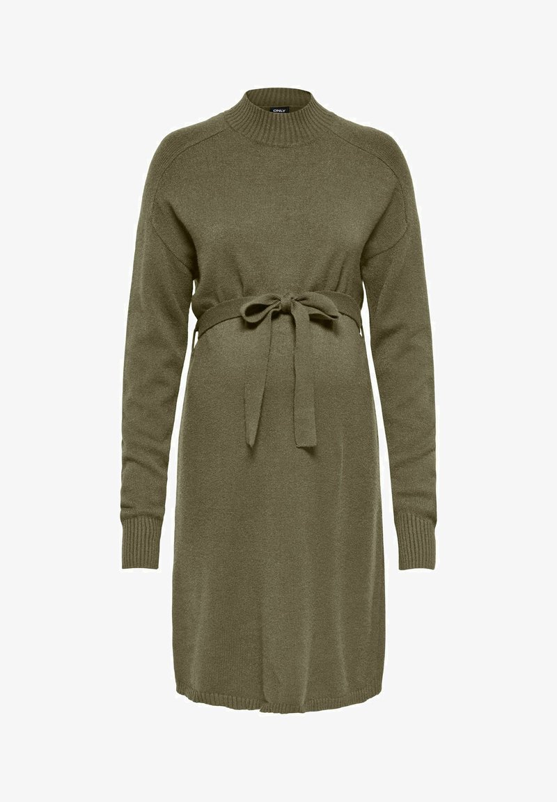 Robe en maille vert olive avec col montant, manches longues et ceinture à la taille. Dotée de poignets côtelés et d'une jupe légèrement évasée.