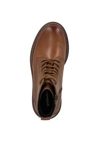 Stivale alla caviglia in pelle marrone con lacci, punta tonda e cuciture decorative. Chiusura con zip laterale e logo visibile all'interno della scarpa.
