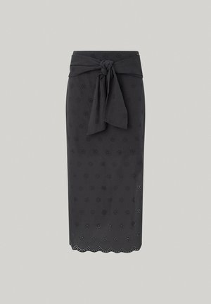 Donkergrijze rok met geborduurde bloemenpatronen, gestrikte taille en gegolfde zoom. Gemaakt van lichtgewicht stof, aansluitende pasvorm.