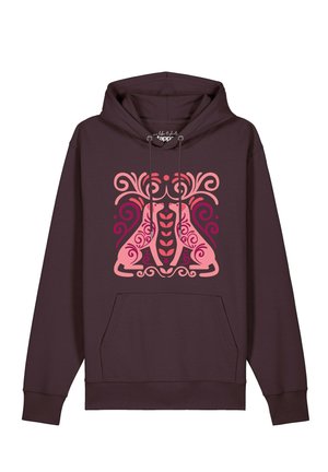 Dunkellila Kapuzenpullover mit einem symmetrischen, pink-roten abstrakten Design von zwei stilisierten Tieren, die sich auf der Vorderseite gegenüberstehen.