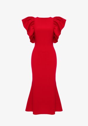 Czerwona, dopasowana sukienka z falbaniastymi krótkimi rękawami i rozkloszowanym dołem. Wykonana z gładkiego materiału, ma okrągły dekolt i detale szwów.