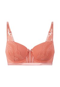 Kanten en gaas bh in koraal, met een gewatteerd ontwerp, verstelbare bandjes en een centrale strikaccent met bloemenpatronen.