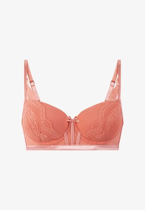 Korsett aus Spitzen und Netz in Koralle, mit gepolstertem Design, verstellbaren Trägern und einem zentralen Schleifenakzent mit floralen Mustern.