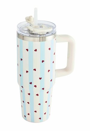 Tall insulated travel mug with light blue and white vertical stripes and small red hearts, clear lid, white handle, and attached straw.