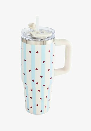 Tall insulated travel mug with light blue and white vertical stripes and small red hearts, clear lid, white handle, and attached straw.