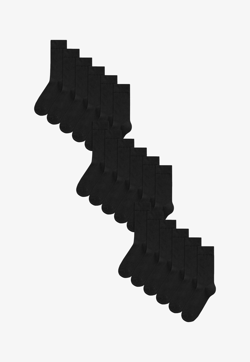Calzini in cotone neri disposti in un modello sfalsato, caratterizzati da una lunghezza standard a crew con una texture liscia e un design minimalista.