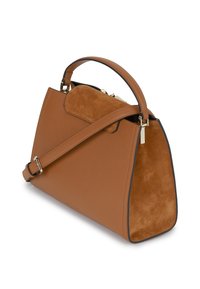 Brązowa skórzana torebka o usztywnionej sylwetce, z zamszowymi akcentami, podwójnymi uchwytami u góry oraz odczepianym paskiem. Szczegóły w kolorze złotym.
