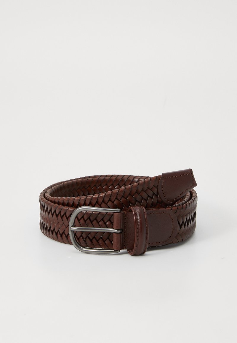 Braided brown leather belt featuring a silver-tone metal buckle, with smooth edges and a  textured surface. Accents include leather keeper.