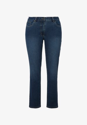 Dunkelblaue Denim-Jeans im geraden Schnitt, mit einem Vorderknopfverschluss, Gürtelschlaufen und zwei vorderen Taschen mit Stickdetails.