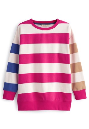 Sweatshirt rayé avec de larges bandes horizontales roses, blanches, bleues et beiges. Il présente un col rond et des poignets et un ourlet côtelés. Fabriqué en mélange de coton.
