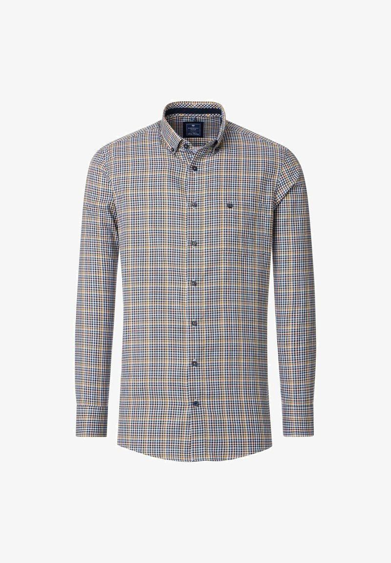 Herren Langarm-Hemd mit Knopfverschluss im Karomuster. Es hat blau-gelbe und weiße Karos, einen klassischen Kragen und eine Knopfleiste vorne.