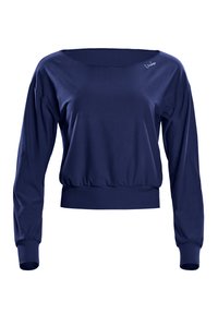 Navyblaues, langärmliges, gekürztes Sweatshirt mit weitem Ausschnitt. Glatte Textur, geraffter Saum und dezentes Logodetail auf der Schulter.