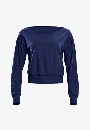 Navyblaues, langärmliges, gekürztes Sweatshirt mit weitem Ausschnitt. Glatte Textur, geraffter Saum und dezentes Logodetail auf der Schulter.