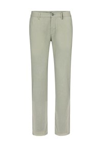 Hellgrüne Leinenhose mit geradem Schnitt, Vorderknopfverschluss und subtiler textur. Verfügt über klassische Taschen und ein schlichtes Design.