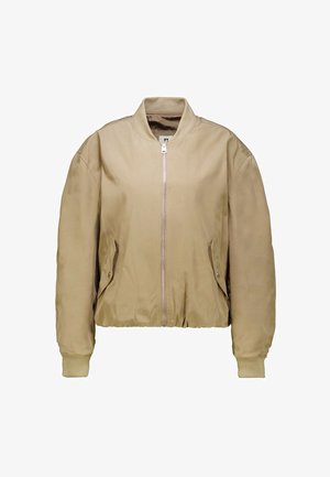 Veste bomber beige avec une fermeture éclair à l'avant, des poignets côtelés et des poches latérales. Réalisée en tissu lisse avec une finition légèrement brillante.