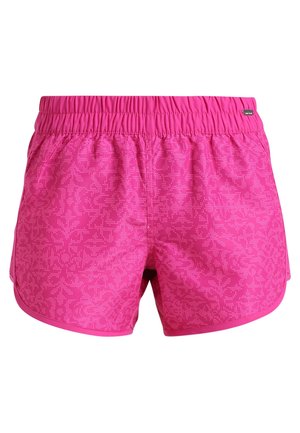 Rosa Sportshorts mit elastischem Bund, die ein strukturiertes Muster im Stoff und seitliche Schlitze für Bewegungsfreiheit aufweisen.