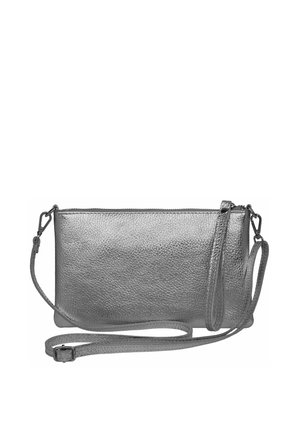 Silver leather crossbody bag with a textured surface, zip closure, and adjustable strap. Compact rectangular shape with minimal hardware.