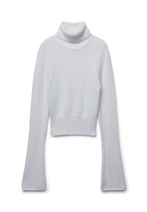 Maglione corto color grigio chiaro con collo alto e maniche lunghe e larghe; realizzato in un tessuto morbido e testurizzato, presenta un colletto e un orlo a coste.