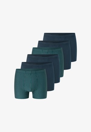 Set aus sechs Boxershorts in verschiedenen Farben: vier einfarbige in Dunkelblau und eine dunkelgrüne mit vertikalen Streifen. Weicher Stoff, elastischer Bund.