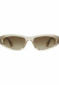 Ochelari de soare din plastic transparent, cu un design unghiular de tip cat-eye, lentile cu gradient maro și accente subtile pe brațe.