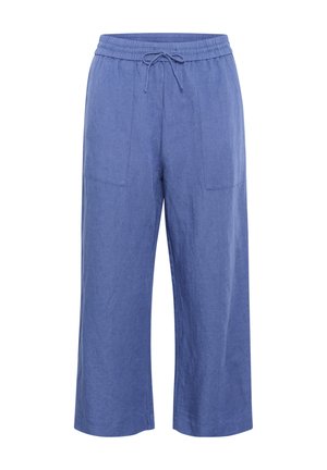 Pantalones de pierna ancha de mezcla de lino en azul claro, con cinturilla elástica, cordón y dos bolsillos laterales para un ajuste relajado.