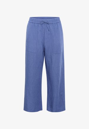 Svetlomodré široké nohavice z ľanovej zmesi s elastickým pásom, šnúrkou a dvoma bočnými vreckami pre uvoľnený strih.