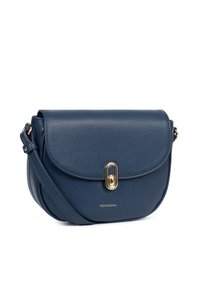 Borsa a tracolla in ecopelle blu navy con patta arrotondata, chiusura in oro, logo del brand impressa e tracolla regolabile.