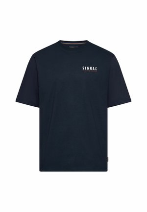 Mørkeblå kortærmet t-shirt med rund halsudskæring, med lille hvidt "SIGNAL" logo og rød tekst på øverste venstre bryst.